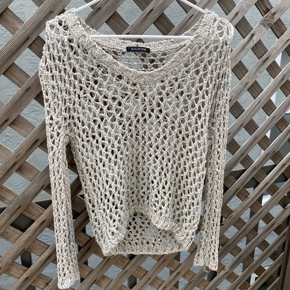 Solution | Tan/Gray Crochet Knit Women's Cream Sweater